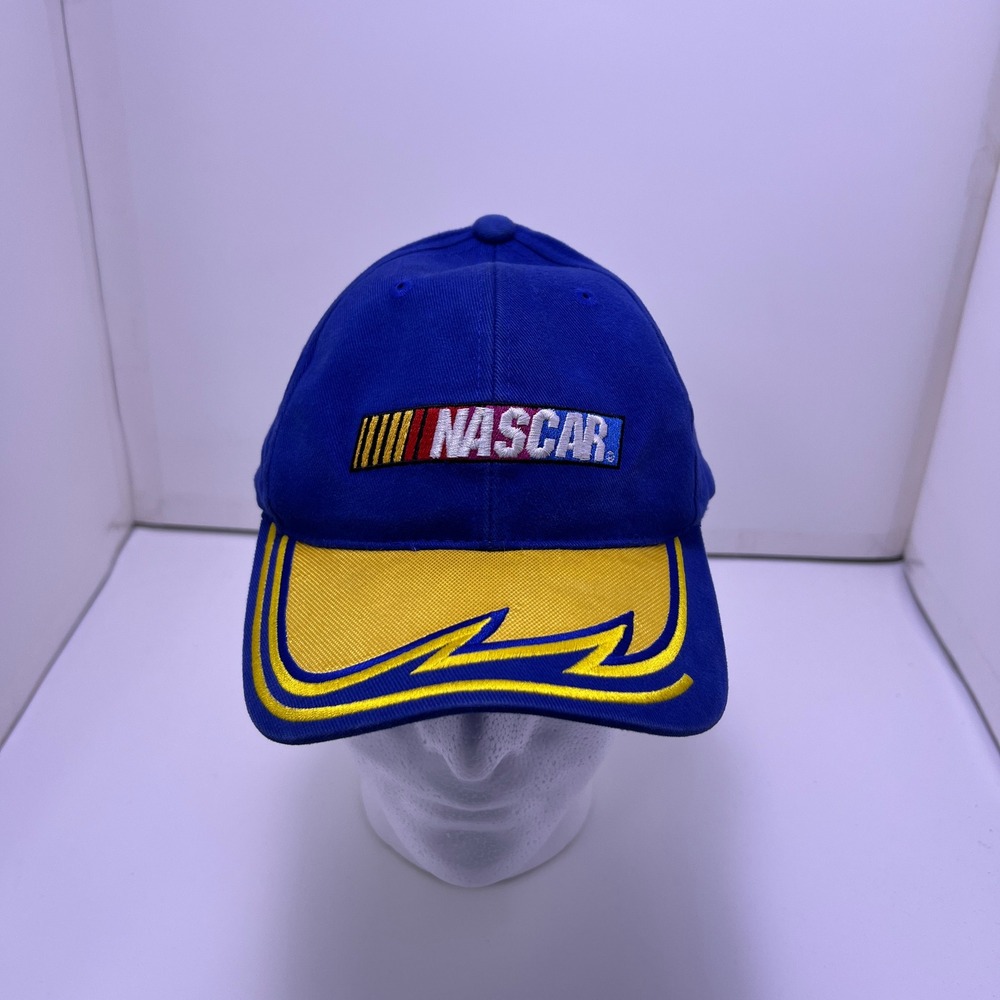 NASCAR Checkered Flag Sports Blue Yellow Embroidered Hook Loop Strapback Hat Cap